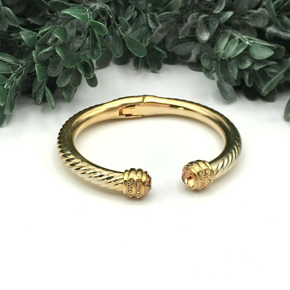Vintage Style Gold-Tone Twisted Cable Cuff Bracelet With Rhinestone Accents & Br
